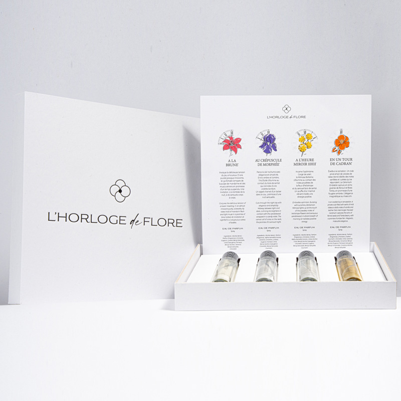 Coffret avec les 4 parfums de la collection "Les Signatures Créatives" de l'Horloge de Flore, marque française née à Grasse.