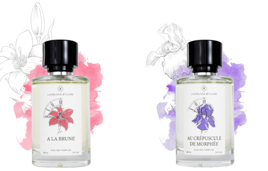 "A la Brune" et "Au Crépuscule de Morphée", 2 parfums de la collection "Les Signatures Créatives" de l'Horloge de Flore, marque française née à Grasse.